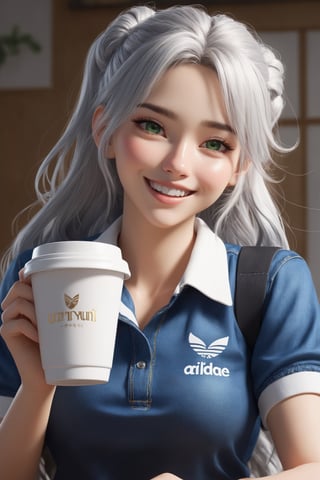 headphones,big laugh,rugby shirt,denim,holding a cup,(ultra detailed perfect piece:1.2), illustration, masterpiece, (extremely detailed CG 8k), (very fine 8K CG),(1girl:1.2), silver hair, long hair, green eyes, sparkring,,