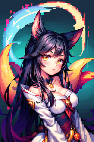 ah1,Ahri,fennec fox,fox tail,5_figners,black_hair,yellow eyes ,lure,league_of_legends_ahri,large breasts, ah1,black_fox_ears,perfect,Pixel Art