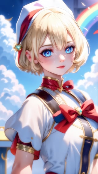 1 girl, blond hairs, short hairs, A breathtaking fusion of realism and surrealism as a vivid, mist-covered Santa girl, composed entirely of vibrant clouds, floats in a rainbow-filled sky, ((perfect hands:0.8))