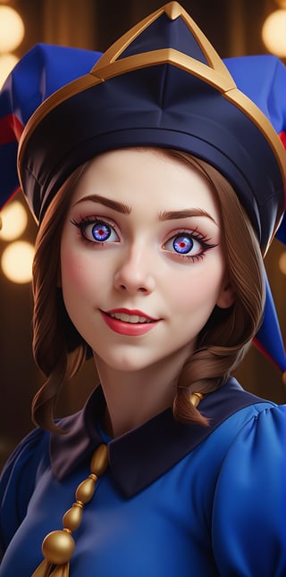 (masterpiece), (best quality), (ultra-detailed), (beautiful detailed eyes), (beautiful detailed glow), crazy face, crazy eyes, horrified, small pupils, constricted pupils, more_details:1, Pomni, Pale Skin, Brown Hair, Multicolored Eyes, Red Eye, Blue Eye, Jester Hat, Jester Outfit,,more detail XL,portraitart,Pomni