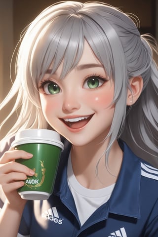 headphones,big laugh,rugby shirt,denim,holding a cup,(ultra detailed perfect piece:1.2), illustration, masterpiece, (extremely detailed CG 8k), (very fine 8K CG),(1girl:1.2), silver hair, long hair, green eyes, sparkring,,