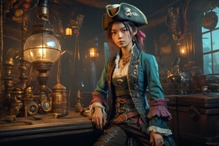 girl pirate, asian gir, 17 years old,ornate, Danish Pastel, Game Night, wide shot, Zbrush rendering, Contrasty, sprite sheet, loud colors, Vintage Retro, low key lighting, Highly detailed,greg rutkowski,6000,HZ Steampunk