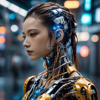 Top Quality, Masterpiece, Ultra High Resolution, ((Photorealistic: 1.4), Raw Photo, a Cyborg girl, cyber school girl, a close up of a person in a robot suit, cyberpunk art, Glossy Skin,Partially exposed human skin , she has a glow coming from her, (Ultra Realistic Details)), mechanical limbs, tubes connected to the mechanical parts, mechanical vertebrae attached to the spine, mechanical cervical attachment to the neck, wires and cables connecting to the head,Metallic luster, amazingly detailed details, intricate circuits and tubes, neon lighting, the background is a Waste machinery dumping ground at night, rain, cgsociety, retrofuturism, vray tracing, future tech, physically based rendering, cgsociety contest winner, movie still of a cool cyborg, cyberpunk style color, gynoid body, cyberpunk tokyo, blue cyborg, portrait of an ai, covered in circuitry, hyper-realistic cg, perfect android girl, japanese vfx, dramatic sci-fi movie still