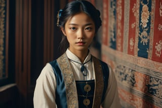 late 19th century, East Asia in European colonies, beautiful girl, asian girl, 16 years old,Hypnotic, Classicism, Geek, DSLR, Character modeling, Detailed, Tapestry, brash colors,  film noir lighting, 8K,