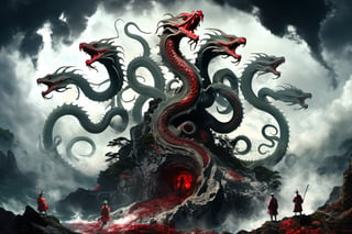 ((best quality)), ((masterpiece)), (((a seven-headed hydra))), (Seven intertwined hydras:1.9), (seven heads and necks:1.9), ,scary river monsters, Its Its eyes are red and shining, , it has five tails, Moss grow on its body, cypress grow on its body, cedar grow on its body, , (River water red with blood:0.5) , one side is covered in blood and sores, Scary and magnificent, a one ancient japanese girl standing on top of a hill next to a giant tree, , mountains, valleys, , ancient japanese mythology, , pixiv contest winner, fantasy art, , (intricate detail), (hyper detail), 8k hdr, high detail, lots of detail, , epic clouds and godlike lighting, covered with tentacles, , intricate ornate anime cgi style, night sea storm, birth of the universe, anime wallaper, a painting of a seven-headed dragon, Concept art by Hieronymus Bosch, pixiv contest winner, fantasy art, lovecraftian, cosmic horror, apocalypse art,Landskaper