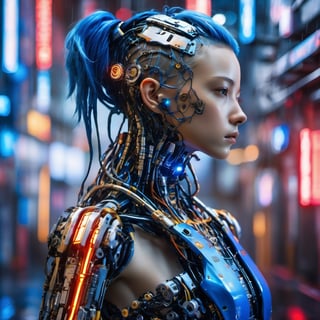 Top Quality, Masterpiece, Ultra High Resolution, ((Photorealistic: 1.4), Raw Photo, a Cyborg girl with ultramarine blue hair, cyber school girl, a close up of a person in a robot suit, cyberpunk art, Glossy Skin, (Ultra Realistic Details)), mechanical limbs, tubes connected to the mechanical parts, mechanical vertebrae attached to the spine, mechanical cervical attachment to the neck, wires and cables connecting to the head,Metallic luster, amazingly detailed details, intricate circuits and tubes, neon lighting, the background is a cyberpunk city at night, rain, cgsociety, retrofuturism, vray tracing, future tech, physically based rendering, cgsociety contest winner, movie still of a cool cyborg, cyberpunk style color, gynoid body, cyberpunk tokyo, blue cyborg, portrait of an ai, covered in circuitry, hyper-realistic cg, perfect android girl, japanese vfx, dramatic sci-fi movie still