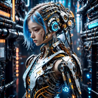 Top Quality, Masterpiece, Ultra High Resolution, ((Photorealistic: 1.4), Raw Photo, a Cyborg girl, cyber school girl, a close up of a person in a robot suit, cyberpunk art, Shining eyes, Glossy Skin,Partially exposed human skin , she has a glow coming from her, (Ultra Realistic Details)), mechanical limbs, tubes connected to the mechanical parts, mechanical vertebrae attached to the spine, mechanical cervical attachment to the neck, wires and cables connecting to the head,Metallic luster, amazingly detailed details, intricate circuits and tubes, neon lighting, the background is a Waste machinery dumping ground at night, rain, cgsociety, retrofuturism, vray tracing, future tech, physically based rendering, cgsociety contest winner, movie still of a cool cyborg, cyberpunk style color, gynoid body, cyberpunk tokyo, blue cyborg, portrait of an ai, covered in circuitry, hyper-realistic cg, perfect android girl, japanese vfx, dramatic sci-fi movie still