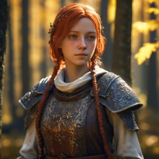 android girl, Playful, Cleancore, Gamercore, low angle, CGsociety, Detailed, game item, jazzy colors, Medieval, spot lighting, Ultra-realistic, highly detailed, natural lighting, forest environment, Unreal engine, 8k