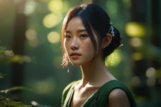  beautiful asian girl, Intriguing, fine art,  Maya rendering, Bokeh, game icon, green colors, Classical Realism, anamorphic lens flare lighting, Ultra-realistic, highly detailed, natural lighting, forest environment, tyndall effect, Unreal engine, 8k,