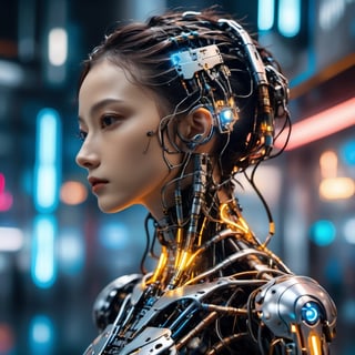 Top Quality, Masterpiece, Ultra High Resolution, ((Photorealistic: 1.4), Raw Photo, a Cyborg girl, cyber school girl, a close up of a person in a robot suit, cyberpunk art, Glossy Skin,Partially exposed human skin , she has a glow coming from her, (Ultra Realistic Details)), mechanical limbs, tubes connected to the mechanical parts, mechanical vertebrae attached to the spine, mechanical cervical attachment to the neck, wires and cables connecting to the head,Metallic luster, amazingly detailed details, intricate circuits and tubes, neon lighting, the background is a Waste machinery dumping ground at night, rain, cgsociety, retrofuturism, vray tracing, future tech, physically based rendering, cgsociety contest winner, movie still of a cool cyborg, cyberpunk style color, gynoid body, cyberpunk tokyo, blue cyborg, portrait of an ai, covered in circuitry, hyper-realistic cg, perfect android girl, japanese vfx, dramatic sci-fi movie still