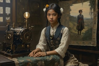 late 19th century, East Asia in European colonies, midsummer girl, asian gir, 16 years old,Hypnotic, Classicism, Geek, DSLR, Character modeling, Detailed, Tapestry, brash colors,  film noir lighting, 8K,xxmix_girl,FilmGirl,painting by jakub rozalski,HZ Steampunk,6000,greg rutkowski