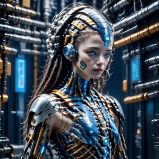 Top Quality, Masterpiece, Ultra High Resolution, ((Photorealistic: 1.4), Raw Photo, a Cyborg girl, cyber school girl, a close up of a person in a robot suit, cyberpunk art, Shining eyes, Glossy Skin,Partially exposed human skin , she has a glow coming from her, (Ultra Realistic Details)), mechanical limbs, tubes connected to the mechanical parts, mechanical vertebrae attached to the spine, mechanical cervical attachment to the neck, wires and cables connecting to the head,Metallic luster, amazingly detailed details, intricate circuits and tubes, neon lighting, the background is a Waste machinery dumping ground at night, rain, cgsociety, retrofuturism, vray tracing, future tech, physically based rendering, cgsociety contest winner, movie still of a cool cyborg, cyberpunk style color, gynoid body, cyberpunk tokyo, blue cyborg, portrait of an ai, covered in circuitry, hyper-realistic cg, perfect android girl, japanese vfx, dramatic sci-fi movie still