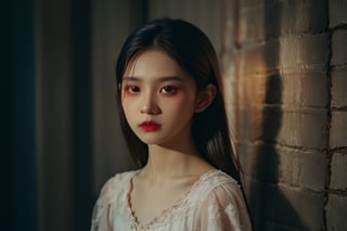 Beautiful girl vampire,  Asian girl, 14 years old, Sublime, Arts and Crafts Movement, Flexography, wide shot, Environment modeling, Flat, Virtual reality, multi colors, Weirdcore, volumetric lighting, realistic dramatic lighting 8k portrait fine details photorealism cinematic intricate details cinematic lighting photo realistic 8k,