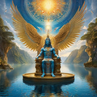 a man with wings flying over a body of water, inspired by tomasz alen kopera, digital art, paul laffoley, god shiva the destroyer, perched on intricate throne, 3 d goddess minerva, greg beeple, contest winner 2021, hildebrandt, mythical shrine, levitation, symmetrical tarot illustration, sun god, ,greg rutkowski