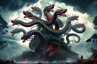 ((best quality)), ((masterpiece)), (((a seven-headed hydra))), (Seven intertwined hydras:1.9), (seven heads and necks:1.9), ,scary river monsters, Its Its eyes are red and shining, , it has five tails, Moss grow on its body, cypress grow on its body, cedar grow on its body, , (River water red with blood:0.5) , one side is covered in blood and sores, Scary and magnificent, a one ancient japanese girl standing on top of a hill next to a giant tree, , mountains, valleys, , ancient japanese mythology, , pixiv contest winner, fantasy art, , (intricate detail), (hyper detail), 8k hdr, high detail, lots of detail, , epic clouds and godlike lighting, covered with tentacles, , intricate ornate anime cgi style, night sea storm, birth of the universe, anime wallaper, a painting of a seven-headed dragon, Concept art by Hieronymus Bosch, pixiv contest winner, fantasy art, lovecraftian, cosmic horror, apocalypse art,Landskaper,6000