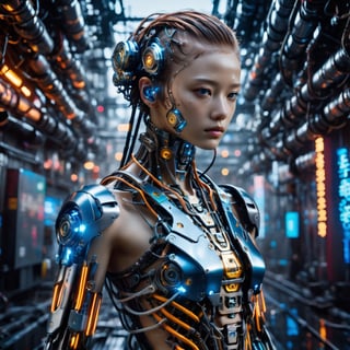 Top Quality, Masterpiece, Ultra High Resolution, ((Photorealistic: 1.4), Raw Photo, a Cyborg girl, cyber school girl, a close up of a person in a robot suit, cyberpunk art, Shining eyes, Glossy Skin,Partially exposed human skin , she has a glow coming from her, (Ultra Realistic Details)), mechanical limbs, tubes connected to the mechanical parts, mechanical vertebrae attached to the spine, mechanical cervical attachment to the neck, wires and cables connecting to the head,Metallic luster, amazingly detailed details, intricate circuits and tubes, neon lighting, the background is a Waste machinery dumping ground at night, rain, cgsociety, retrofuturism, vray tracing, future tech, physically based rendering, cgsociety contest winner, movie still of a cool cyborg, cyberpunk style color, gynoid body, cyberpunk tokyo, blue cyborg, portrait of an ai, covered in circuitry, hyper-realistic cg, perfect android girl, japanese vfx, dramatic sci-fi movie still