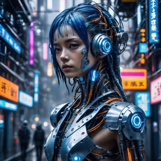 Top Quality, Masterpiece, Ultra High Resolution, ((Photorealistic: 1.4), Raw Photo, a Cyborg girl with ultramarine blue hair, cyber school girl, a close up of a person in a robot suit, cyberpunk art, Glossy Skin, , she has a glow coming from her, (Ultra Realistic Details)), mechanical limbs, tubes connected to the mechanical parts, mechanical vertebrae attached to the spine, mechanical cervical attachment to the neck, wires and cables connecting to the head,Metallic luster, amazingly detailed details, intricate circuits and tubes, neon lighting, the background is a cyberpunk city at night, rain, cgsociety, retrofuturism, vray tracing, future tech, physically based rendering, cgsociety contest winner, movie still of a cool cyborg, cyberpunk style color, gynoid body, cyberpunk tokyo, blue cyborg, portrait of an ai, covered in circuitry, hyper-realistic cg, perfect android girl, japanese vfx, dramatic sci-fi movie still,HZ Steampunk