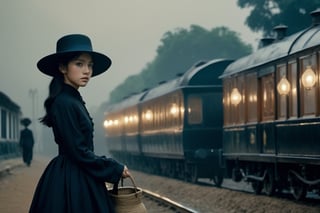 rizzle, dark screen, arrival of locomotive, late 19th century, Southeast Asia in European colonies, 16 year old Asian girl, black hair, black classic dress, black hat, carrying big bag, lantern light,,Hypnotic, Classicism, Geek, DSLR, Character modeling, Detailed, Tapestry, brash colors, Halloween, film noir lighting, 8K,