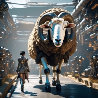 android girl, beautiful asian girl,walking a big sheep,big, Androgynous, Game Night, long shot, Octane rendering, Lo-fi, game asset, khaki colors, steampunk, sun lighting, 8K,Movie Still,cyborg style