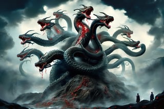 ((best quality)), ((masterpiece)), (((a seven-headed hydra))), (Seven intertwined hydras:1.9), (seven heads and necks:1.9), ,scary river monsters, Its Its eyes are red and shining, , it has five tails, Moss grow on its body, cypress grow on its body, cedar grow on its body, , (River water red with blood:0.5) , one side is covered in blood and sores, Scary and magnificent, a one ancient japanese girl standing on top of a hill next to a giant tree, , mountains, valleys, , ancient japanese mythology, , pixiv contest winner, fantasy art, , (intricate detail), (hyper detail), 8k hdr, high detail, lots of detail, , epic clouds and godlike lighting, covered with tentacles, , intricate ornate anime cgi style, night sea storm, birth of the universe, anime wallaper, a painting of a seven-headed dragon, Concept art by Hieronymus Bosch, pixiv contest winner, fantasy art, lovecraftian, cosmic horror, apocalypse art,Landskaper,6000