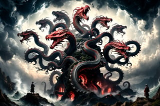 ((best quality)), ((masterpiece)), (((a seven-headed hydra))), (Seven intertwined hydras:1.9), (seven heads and necks:1.9), ,scary river monsters, Its Its eyes are red and shining, , it has five tails, Moss grow on its body, cypress grow on its body, cedar grow on its body, , (River water red with blood:0.5) , one side is covered in blood and sores, Scary and magnificent, a one ancient japanese girl standing on top of a hill next to a giant tree, , mountains, valleys, , ancient japanese mythology, , pixiv contest winner, fantasy art, , (intricate detail), (hyper detail), 8k hdr, high detail, lots of detail, , epic clouds and godlike lighting, covered with tentacles, , intricate ornate anime cgi style, night sea storm, birth of the universe, anime wallaper, a painting of a seven-headed dragon, Concept art by Hieronymus Bosch, pixiv contest winner, fantasy art, lovecraftian, cosmic horror, apocalypse art,Landskaper,6000,HellAI