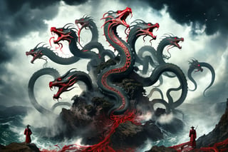 ((best quality)), ((masterpiece)), (((a seven-headed hydra))), (Seven intertwined hydras:1.9), (seven heads and necks:1.9), ,scary river monsters, Its Its eyes are red and shining, , it has five tails, Moss grow on its body, cypress grow on its body, cedar grow on its body, , (River water red with blood:0.5) , one side is covered in blood and sores, Scary and magnificent, a one ancient japanese girl standing on top of a hill next to a giant tree, , mountains, valleys, , ancient japanese mythology, , pixiv contest winner, fantasy art, , (intricate detail), (hyper detail), 8k hdr, high detail, lots of detail, , epic clouds and godlike lighting, covered with tentacles, , intricate ornate anime cgi style, night sea storm, birth of the universe, anime wallaper, a painting of a seven-headed dragon, Concept art by Hieronymus Bosch, pixiv contest winner, fantasy art, lovecraftian, cosmic horror, apocalypse art,Landskaper