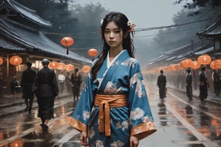 Japanese girl in a yukata,thin cloth yukata, midsummer girl, asian girl, 14 years old, Mystical, Night festivals, lanterns, night stall lights,Hypnotic, Classicism, Geek, DSLR, Character modeling, Detailed, Tapestry, brash colors, Halloween, film noir lighting, 8K,xxmix_girl,FilmGirl,painting by jakub rozalski,HZ Steampunk