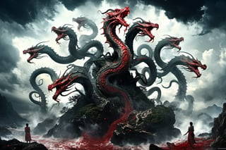 ((best quality)), ((masterpiece)), (((a seven-headed hydra))), (Seven intertwined hydras:1.9), (seven heads and necks:1.9), ,scary river monsters, Its Its eyes are red and shining, , it has five tails, Moss grow on its body, cypress grow on its body, cedar grow on its body, , (River water red with blood:1.8) , one side is covered in blood and sores, Scary and magnificent, a one ancient japanese girl standing on top of a hill next to a giant tree, , mountains, valleys, , ancient japanese mythology, , pixiv contest winner, fantasy art, , (intricate detail), (hyper detail), 8k hdr, high detail, lots of detail, , epic clouds and godlike lighting, covered with tentacles, , intricate ornate anime cgi style, night sea storm, birth of the universe, anime wallaper, a painting of a seven-headed dragon, Concept art by Hieronymus Bosch, pixiv contest winner, fantasy art, lovecraftian, cosmic horror, apocalypse art,