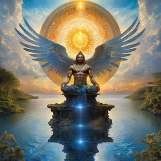 a man with wings flying over a body of water, inspired by tomasz alen kopera, digital art, paul laffoley, god shiva the destroyer, perched on intricate throne, 3 d goddess minerva, greg beeple, contest winner 2021, hildebrandt, mythical shrine, levitation, symmetrical tarot illustration, sun god, ,greg rutkowski