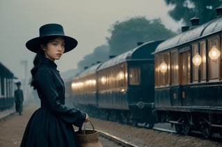 rizzle, dark screen, arrival of locomotive, late 19th century, Southeast Asia in European colonies, 16 year old Asian girl, black hair, black classic dress, black hat, carrying big bag, lantern light,,Hypnotic, Classicism, Geek, DSLR, Character modeling, Detailed, Tapestry, brash colors, Halloween, film noir lighting, 8K,