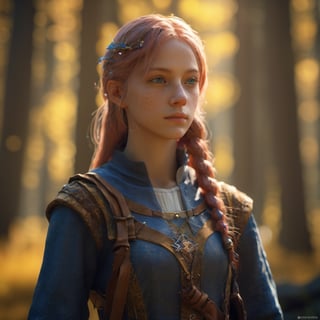 android girl, Playful, Cleancore, Gamercore, low angle, CGsociety, Detailed, game item, jazzy colors, Medieval, spot lighting, Ultra-realistic, highly detailed, natural lighting, forest environment, Unreal engine, 8k