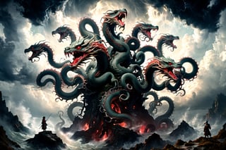 ((best quality)), ((masterpiece)), (((a seven-headed hydra))), (Seven intertwined hydras:1.9), (seven heads and necks:1.9), ,scary river monsters, Its Its eyes are red and shining, , it has five tails, Moss grow on its body, cypress grow on its body, cedar grow on its body, , (River water red with blood:0.5) , one side is covered in blood and sores, Scary and magnificent, a one ancient japanese girl standing on top of a hill next to a giant tree, , mountains, valleys, , ancient japanese mythology, , pixiv contest winner, fantasy art, , (intricate detail), (hyper detail), 8k hdr, high detail, lots of detail, , epic clouds and godlike lighting, covered with tentacles, , intricate ornate anime cgi style, night sea storm, birth of the universe, anime wallaper, a painting of a seven-headed dragon, Concept art by Hieronymus Bosch, pixiv contest winner, fantasy art, lovecraftian, cosmic horror, apocalypse art,Landskaper,6000,HellAI