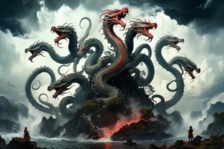 ((best quality)), ((masterpiece)), (((a seven-headed hydra))), (Seven intertwined hydras:1.9), (seven heads and necks:1.9), ,scary river monsters, Its Its eyes are red and shining, , it has five tails, Moss grow on its body, cypress grow on its body, cedar grow on its body, , (River water red with blood:1.8) , one side is covered in blood and sores, Scary and magnificent, a one ancient japanese girl standing on top of a hill next to a giant tree, , mountains, valleys, , ancient japanese mythology, , pixiv contest winner, fantasy art, , (intricate detail), (hyper detail), 8k hdr, high detail, lots of detail, , epic clouds and godlike lighting, covered with tentacles, , intricate ornate anime cgi style, night sea storm, birth of the universe, anime wallaper, a painting of a seven-headed dragon, Concept art by Hieronymus Bosch, pixiv contest winner, fantasy art, lovecraftian, cosmic horror, apocalypse art,