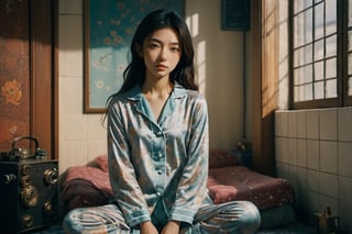 girl in pajamas, beautiful asian gir, 15 years old,small, Beatnik, Digital Painting, lower body shot, Octane rendering, Soft focus, tiles, multi colors, Haussmann Paris, hard lighting, UHD,xxmix_girl,6000,FilmGirl,steampunk style