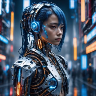 Top Quality, Masterpiece, Ultra High Resolution, ((Photorealistic: 1.4), Raw Photo, a Cyborg girl with ultramarine blue hair, cyber school girl, a close up of a person in a robot suit, cyberpunk art, Glossy Skin, , she has a glow coming from her, (Ultra Realistic Details)), mechanical limbs, tubes connected to the mechanical parts, mechanical vertebrae attached to the spine, mechanical cervical attachment to the neck, wires and cables connecting to the head,Metallic luster, amazingly detailed details, intricate circuits and tubes, neon lighting, the background is a cyberpunk city at night, rain, cgsociety, retrofuturism, vray tracing, future tech, physically based rendering, cgsociety contest winner, movie still of a cool cyborg, cyberpunk style color, gynoid body, cyberpunk tokyo, blue cyborg, portrait of an ai, covered in circuitry, hyper-realistic cg, perfect android girl, japanese vfx, dramatic sci-fi movie still,HZ Steampunk