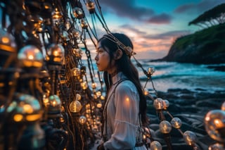 midsummer girl, asian gir, 16 years old,psychedelic, Dark Academia, chalk art, low angle, Houdini rendering, Soft focus, Sound art, iridescent colors, Dreamy, glow in the dark lighting, Ultra-realistic, highly detailed, natural lighting, ocean environment, Unity engine, 8k,xxmix_girl, HZ Steampunk, greg rutkowski,LinkGirl