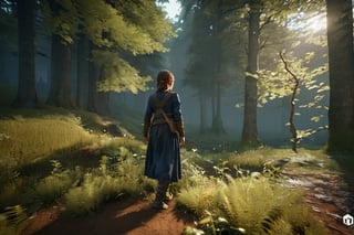 1 girl, Playful, Cleancore, Gamercore, low angle, CGsociety, Detailed, game item, jazzy colors, Medieval, spot lighting, Ultra-realistic, highly detailed, natural lighting, forest environment, Unreal engine, 8k