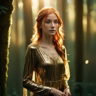 Top Quality, Masterpiece, Ultra High Resolution, a woman in a gold dress standing in a forest, shutterstock, digital art, dewy skin, unreal engine 5 lighting, bokeh top cinematic lighting, maiden with copper hair, soft portrait shot 8 k, a portrait of an elf, unreal engine ; romantic theme, she has a glow coming from her