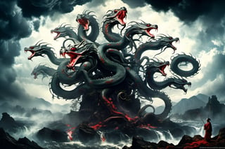 ((best quality)), ((masterpiece)), (((a seven-headed hydra))), (Seven intertwined hydras:1.9), (seven heads and necks:1.9), ,scary river monsters, Its Its eyes are red and shining, , it has five tails, Moss grow on its body, cypress grow on its body, cedar grow on its body, , (River water red with blood:0.5) , one side is covered in blood and sores, Scary and magnificent, a one ancient japanese girl standing on top of a hill next to a giant tree, , mountains, valleys, , ancient japanese mythology, , pixiv contest winner, fantasy art, , (intricate detail), (hyper detail), 8k hdr, high detail, lots of detail, , epic clouds and godlike lighting, covered with tentacles, , intricate ornate anime cgi style, night sea storm, birth of the universe, anime wallaper, a painting of a seven-headed dragon, Concept art by Hieronymus Bosch, pixiv contest winner, fantasy art, lovecraftian, cosmic horror, apocalypse art,Landskaper,6000,HellAI