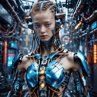 Top Quality, Masterpiece, Ultra High Resolution, ((Photorealistic: 1.4), Raw Photo, a Cyborg girl, cyber school girl, a close up of a person in a robot suit, cyberpunk art, Shining eyes, Glossy Skin,Partially exposed human skin , she has a glow coming from her, (Ultra Realistic Details)), mechanical limbs, tubes connected to the mechanical parts, mechanical vertebrae attached to the spine, mechanical cervical attachment to the neck, wires and cables connecting to the head,Metallic luster, amazingly detailed details, intricate circuits and tubes, neon lighting, the background is a Waste machinery dumping ground at night, rain, cgsociety, retrofuturism, vray tracing, future tech, physically based rendering, cgsociety contest winner, movie still of a cool cyborg, cyberpunk style color, gynoid body, cyberpunk tokyo, blue cyborg, portrait of an ai, covered in circuitry, hyper-realistic cg, perfect android girl, japanese vfx, dramatic sci-fi movie still