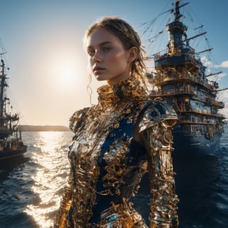 android girl, beautiful, Dark Nautical, Fotocollage, massive scale, Character modeling, Contrasty, Interactive, loud colors, Maximalism, golden hour sun lighting, Hyperrealistic textures, intricate details, architectural visualization, Corona render, 8k