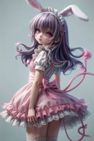 The pink bunny girl system, a system in which women dress as cute, pink bunnies. In this visually striking image, a delicate, pink bunny girl is depicted with intricate lace details on her outfit, a fluffy tail, and exaggerated, kawaii makeup. The image appears to be a detailed digital painting, showcasing the immaculate skill and attention to detail of the artist. The soft pastel colors and whimsical details create a whimsical and enchanting atmosphere. This high-quality image exudes charm and fantasy, drawing viewers into a world of playful innocence and femininity.,Maid uniform