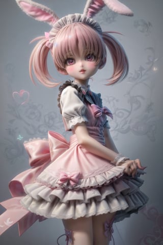The pink bunny girl system, a system in which women dress as cute, pink bunnies. In this visually striking image, a delicate, pink bunny girl is depicted with intricate lace details on her outfit, a fluffy tail, and exaggerated, kawaii makeup. The image appears to be a detailed digital painting, showcasing the immaculate skill and attention to detail of the artist. The soft pastel colors and whimsical details create a whimsical and enchanting atmosphere. This high-quality image exudes charm and fantasy, drawing viewers into a world of playful innocence and femininity.,Maid uniform,mikazuki_kiryu