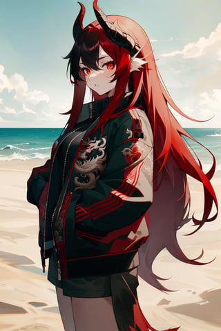 wo_dragonjacket02,  a 1girl (wearing a black dragon jacket:1.2), (red long hair:1.2),  in the beach,  sharp,  (masterpiece,  best quality:1.4),  (extremely detailed,  8k,  uhd)
