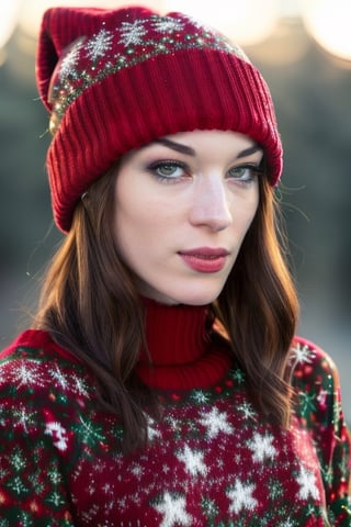 a photo of wo_stoya02, delicate traits, Sharp Focus, low key lighting, shot on Lumix GH5, cinematic bokeh, beanie, (christmas sweater, christmas clothes:1.2), (simple background:1.2), sharp cheekbones, teasing, detailed skin, Detailedface