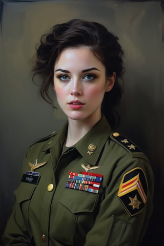 A portrait painting of ohwx woman wearing a army uniform, in the style of Casey Baugh, pale skin