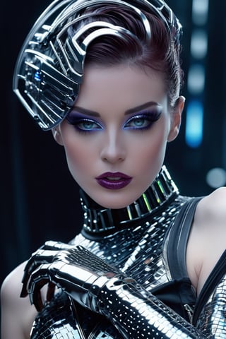 masterpiece, 8k, uhd, hdr effect, professional photography, the gorgeous ohwx woman, vogue style photo, portrait, wearing a futuristic amor, cyberpunk style, metal gloves, empowerment, pale skin