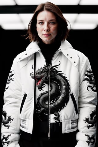 wo_dragonjacket02, upper body, (facing the camera:1.5), (wo_caitbalf01:1.2), wearing a white jacket with a ((black dragon design)), 8k, masterpiece, award-winning photography, high resolution