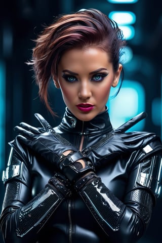 masterpiece, 8k, uhd, hdr effect, professional photography, the gorgeous ohwx woman, vogue style photo, portrait, wearing a futuristic amor, cyberpunk style, metal gloves, empowerment