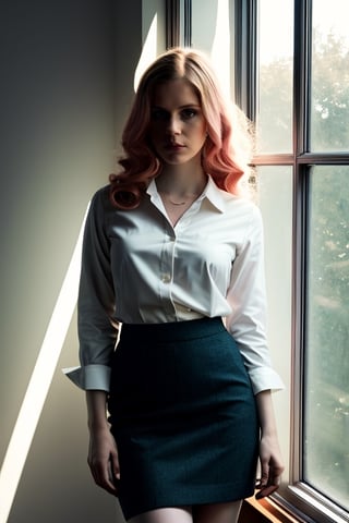 photo of wo_erinmor01, DSLR RAW filmgrain photo, shot on iphone, photography, edited in Adobe Lightroom, vivid hair, pencil skirt, blouse, light rays, god rays, realistic